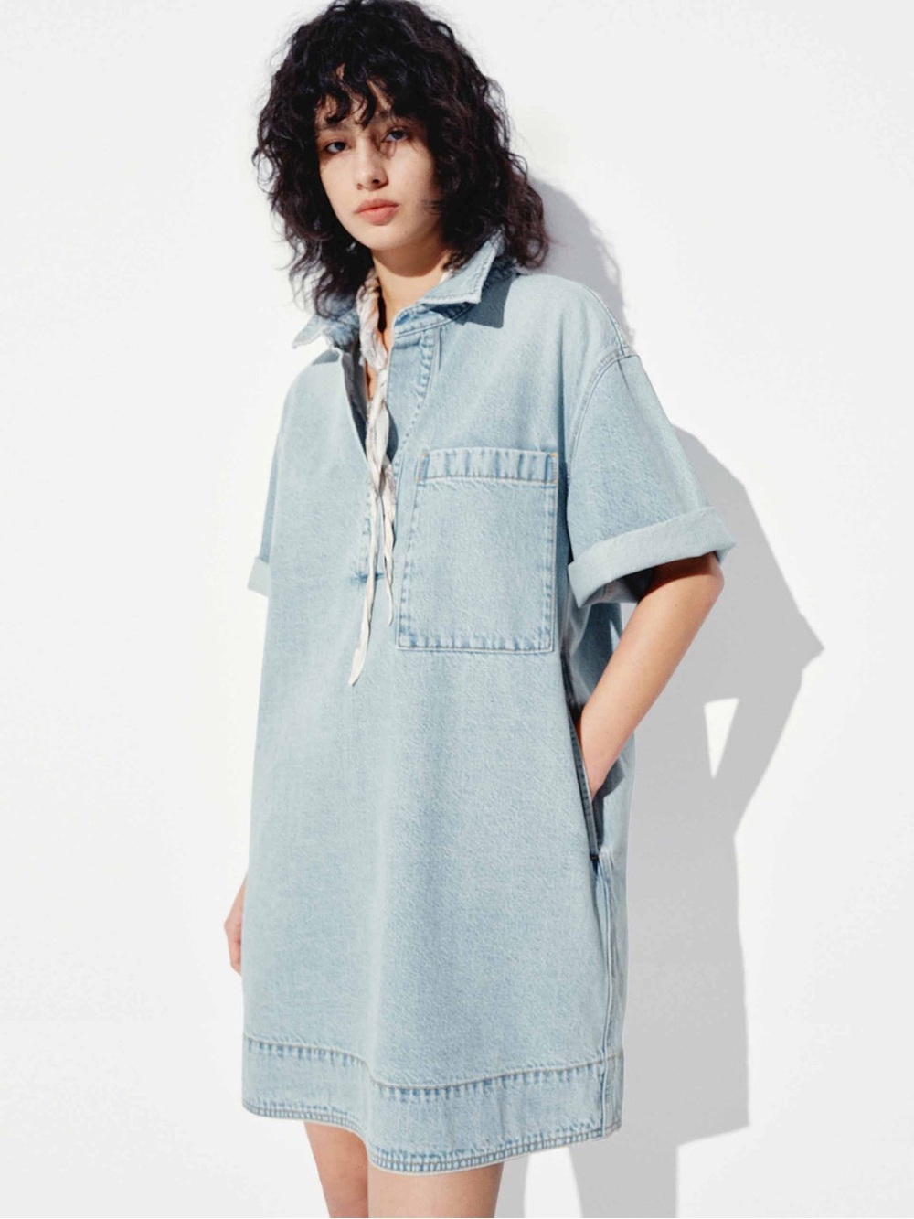 Light Blue Denim Mini Dress with Chest Pocket